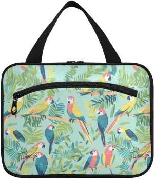 Parrots Tropical Plants Green hanging toiletry bags for men with hook, designer unisex medicine bags for travel essentials for women hotel bolso viajero para mujer