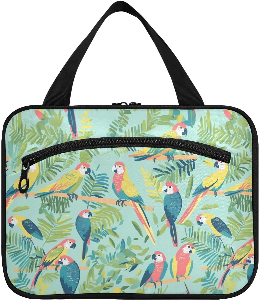 Parrots Tropical Plants Green hanging toiletry bags for men with hook, designer unisex medicine bags for travel essentials for women hotel bolso viajero para mujer