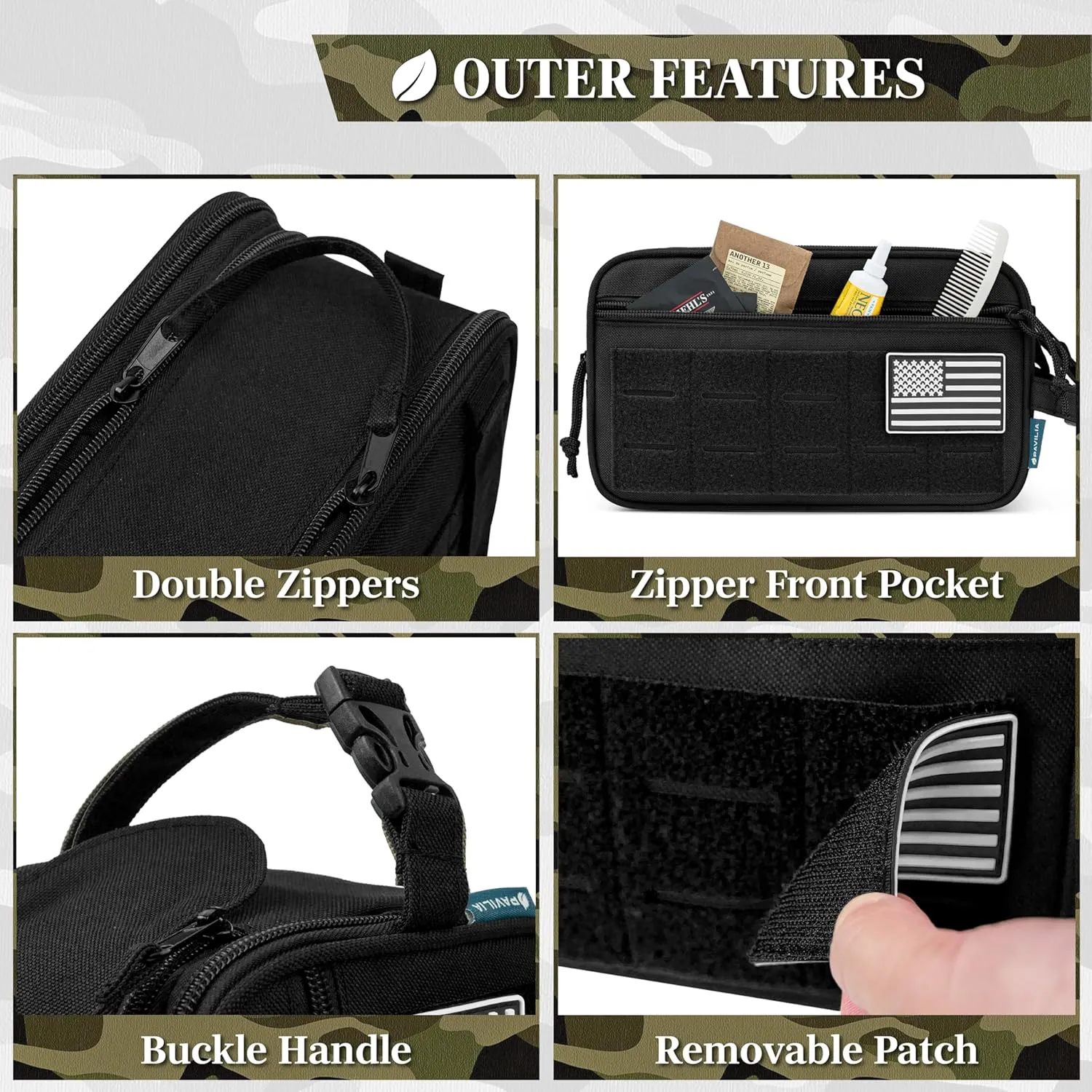 PAVILIA Tactical Toiletry Bag for Men, Hygiene Travel Bag, Military Dopp Kit, Water Resistant Molle Pouch, Mens Shaving Grooming Essentials, Bathroom Shower Toiletries Small Organizer Case, Black
