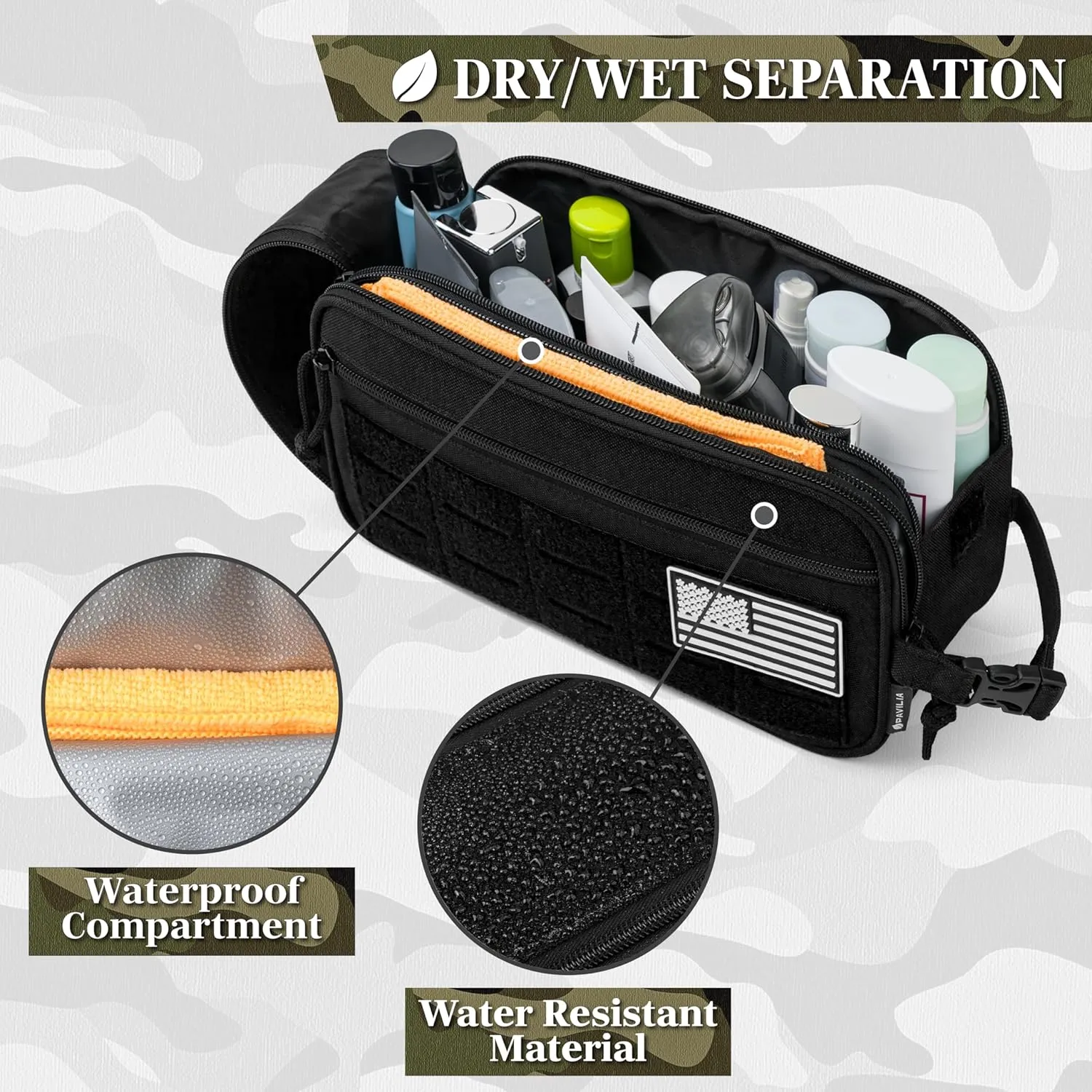 PAVILIA Tactical Toiletry Bag for Men, Hygiene Travel Bag, Military Dopp Kit, Water Resistant Molle Pouch, Mens Shaving Grooming Essentials, Bathroom Shower Toiletries Small Organizer Case, Black