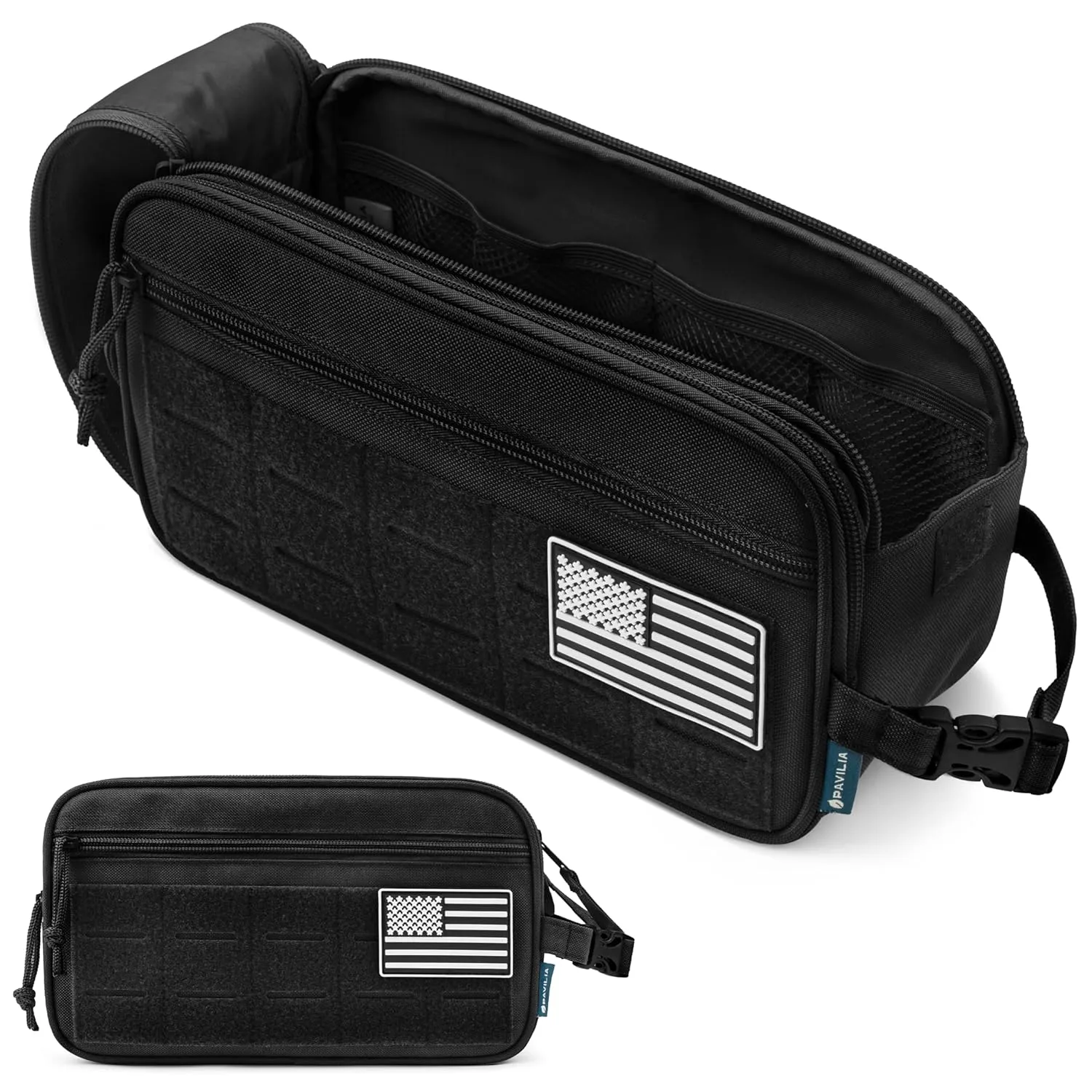 PAVILIA Tactical Toiletry Bag for Men, Hygiene Travel Bag, Military Dopp Kit, Water Resistant Molle Pouch, Mens Shaving Grooming Essentials, Bathroom Shower Toiletries Small Organizer Case, Black