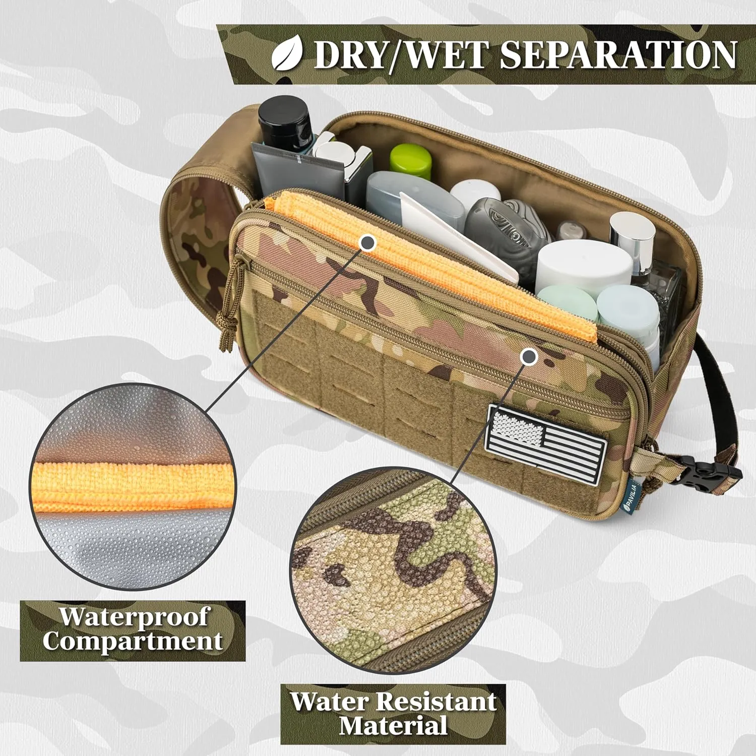 PAVILIA Tactical Toiletry Bag for Men, Hygiene Travel Bag, Military Dopp Kit, Water Resistant Molle Pouch, Mens Shaving Grooming Essentials, Bathroom Shower Toiletries Small Organizer Case, Camo