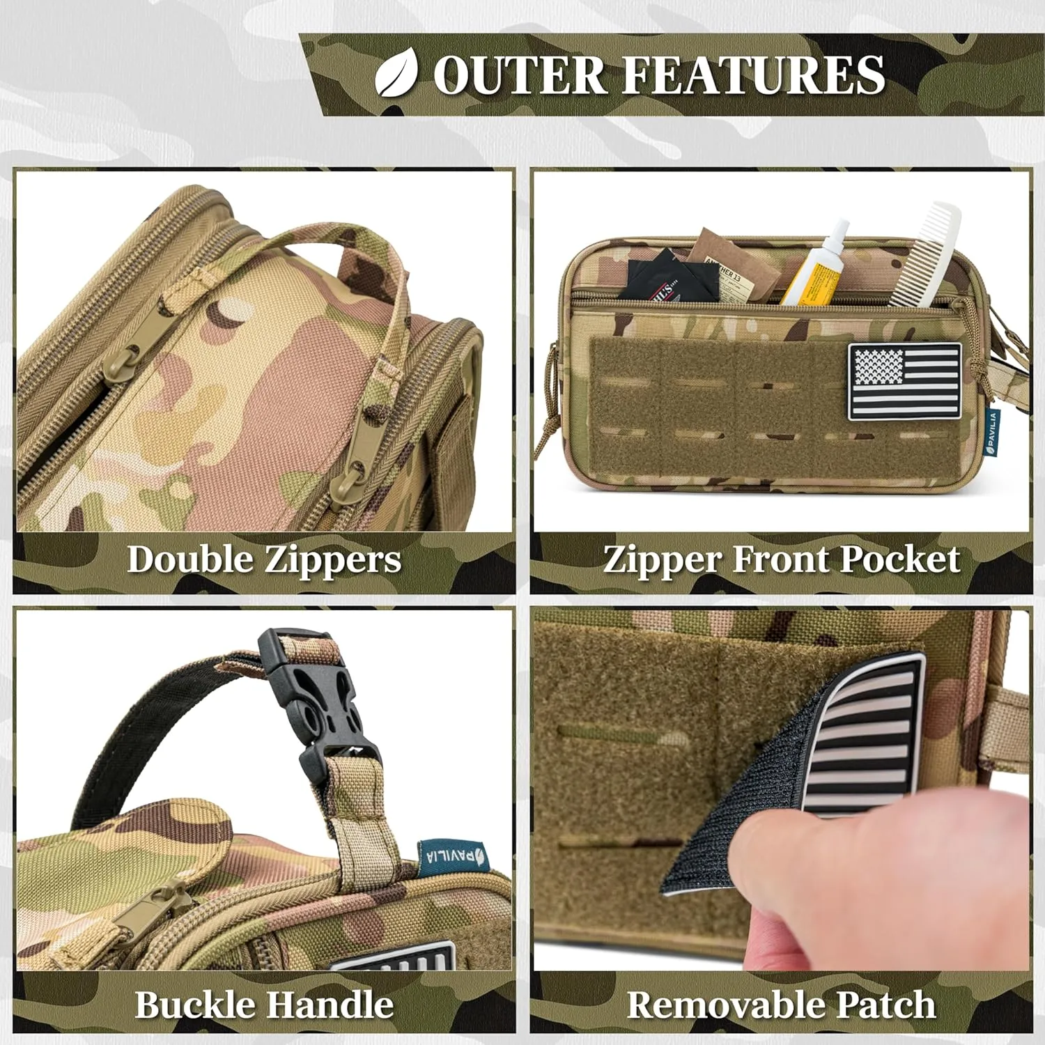 PAVILIA Tactical Toiletry Bag for Men, Hygiene Travel Bag, Military Dopp Kit, Water Resistant Molle Pouch, Mens Shaving Grooming Essentials, Bathroom Shower Toiletries Small Organizer Case, Camo