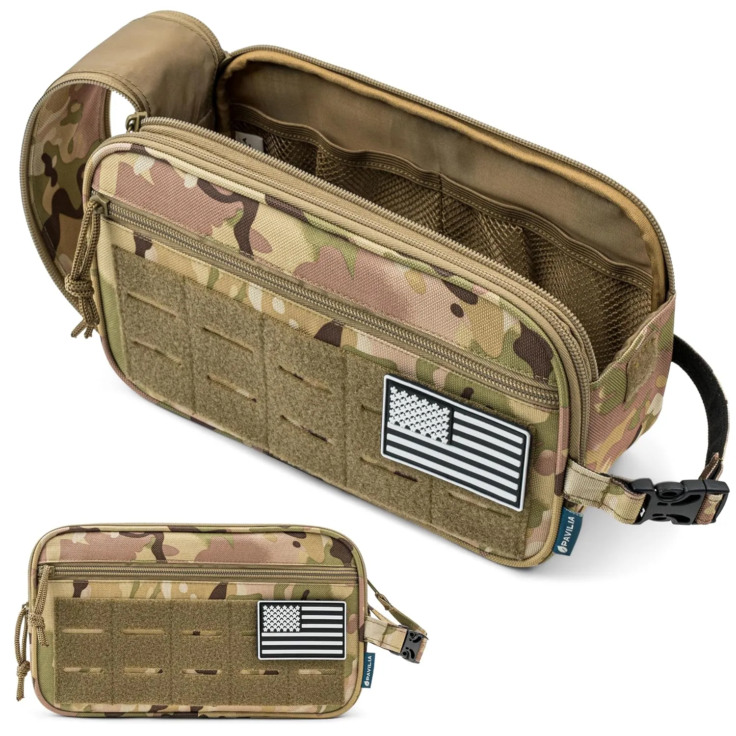 PAVILIA Tactical Toiletry Bag for Men, Hygiene Travel Bag, Military Dopp Kit, Water Resistant Molle Pouch, Mens Shaving Grooming Essentials, Bathroom Shower Toiletries Small Organizer Case, Camo