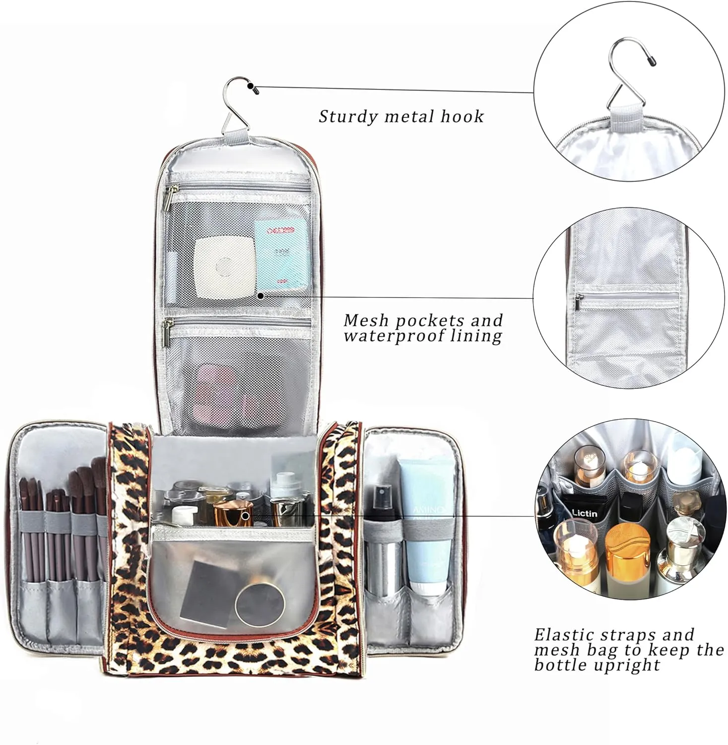 Pearl Angeli Toiletry Bag for Women, Cosmetic Travel,Water-resistant with Hanging Hook,Full Sized Toiletries (Lepoard)