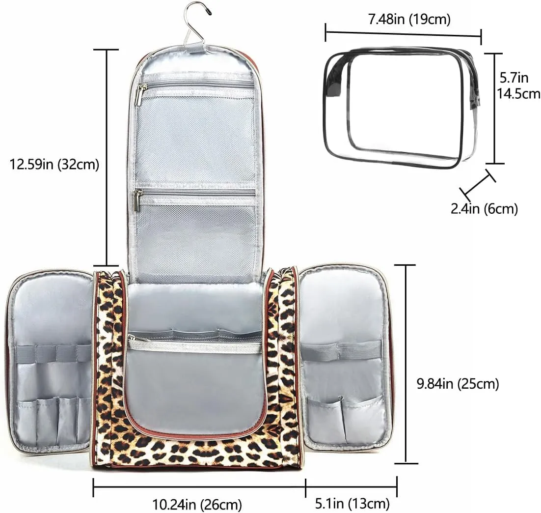 Pearl Angeli Toiletry Bag for Women, Cosmetic Travel,Water-resistant with Hanging Hook,Full Sized Toiletries (Lepoard)