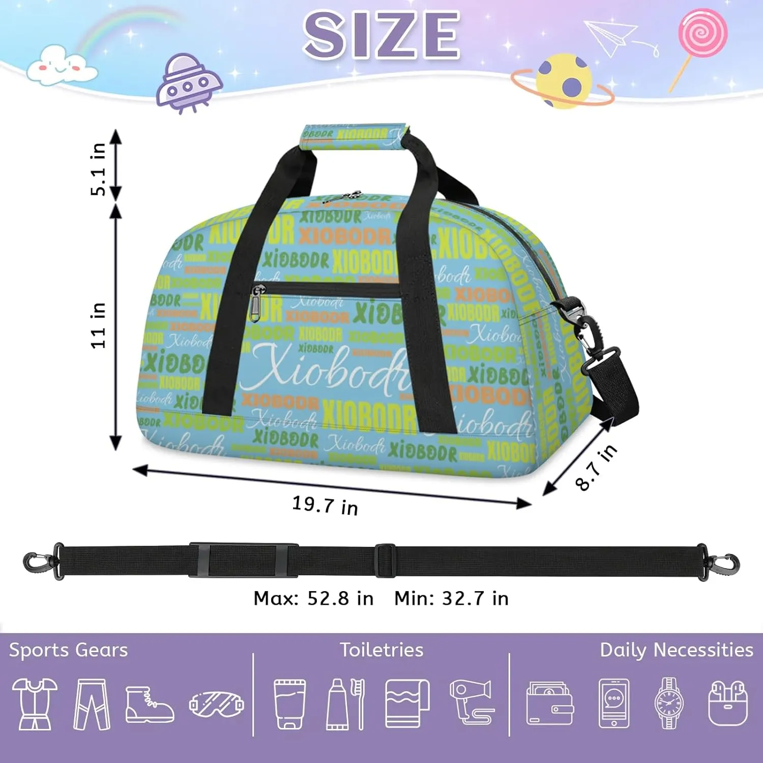 Personalized Cute Duffle Bag - Custom Name Kids Sports Bag, Sleepover Bags for Girls, Lightweight Toddler Boys Overnight Bag for Weekender Travel Cheer Dance Ball Game, Blue Brown Green