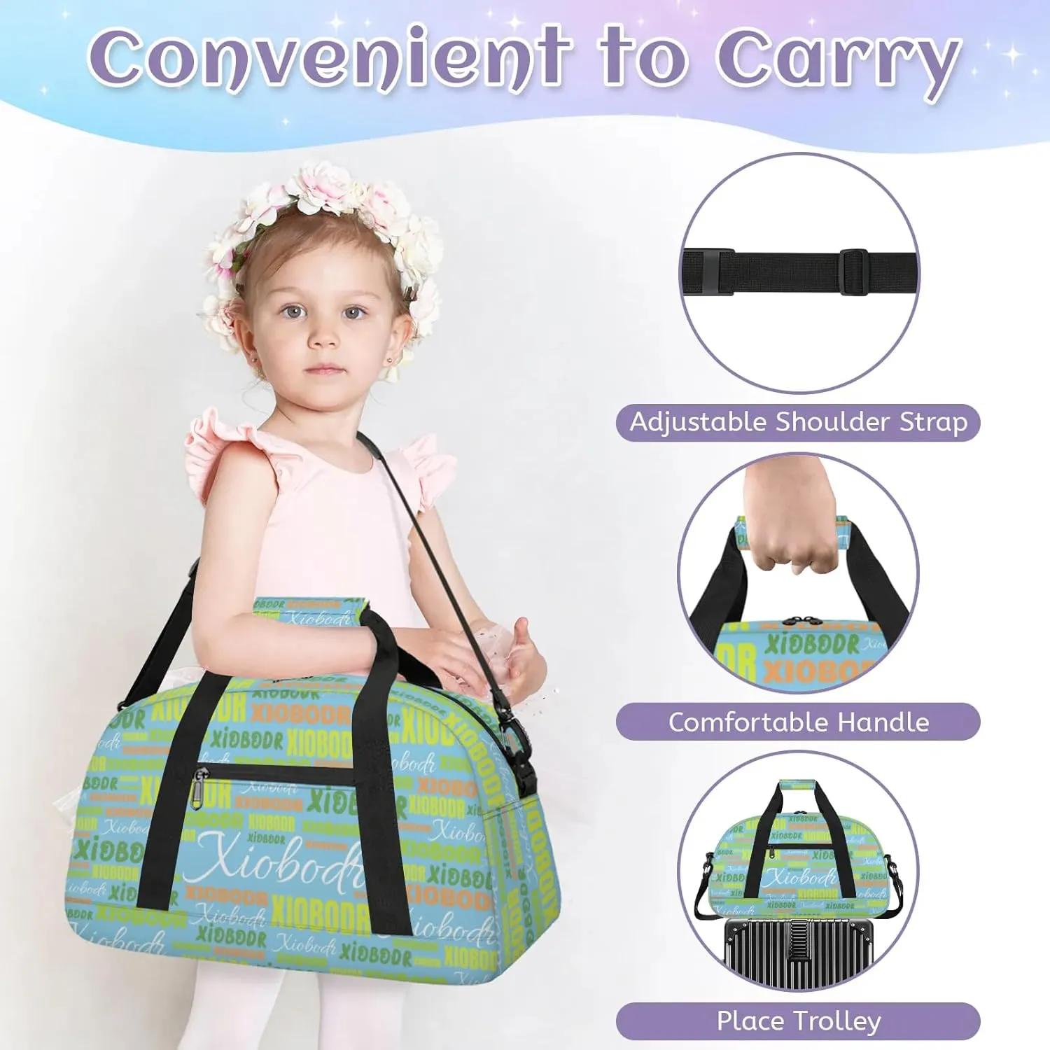 Personalized Cute Duffle Bag - Custom Name Kids Sports Bag, Sleepover Bags for Girls, Lightweight Toddler Boys Overnight Bag for Weekender Travel Cheer Dance Ball Game, Blue Brown Green