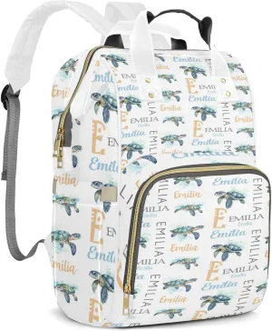 Personalized Diaper Backpack with Name, Custom Sea Turtle Baby Backpack Diaper Bag, Boy Girl Multifunctional Mommy Bag