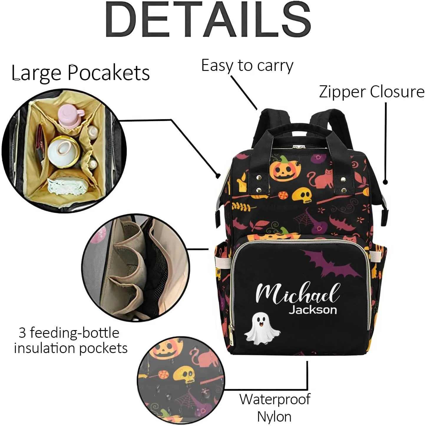Personalized Diaper Bag Backpack for Women, Custom Name Nursing Mommy Daypack, Diaper Bag for Girls Boys, New Mom Dad Gifts (Bat)