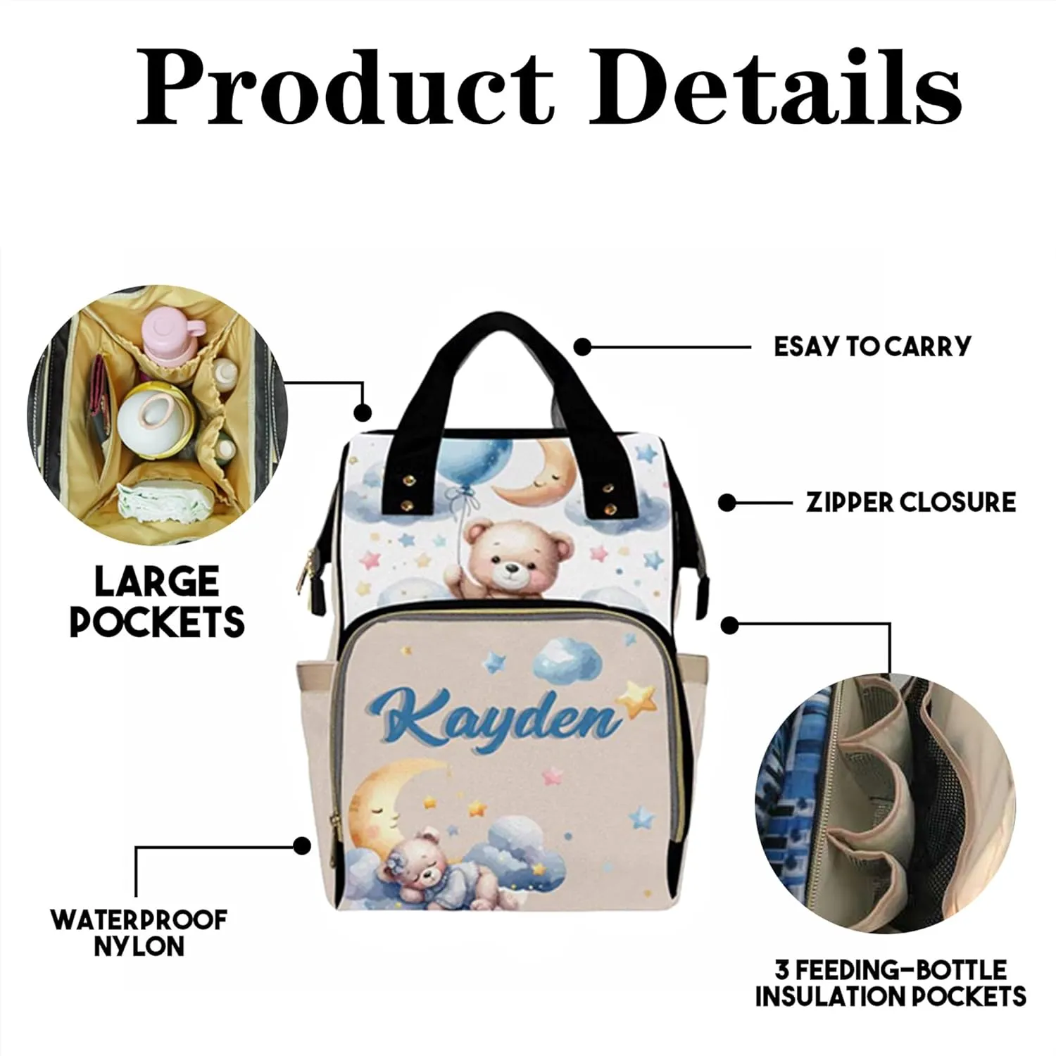 Personalized Diaper Bag Backpack with Name for Baby Boys, Custom Name Baby Bag for Boys Girls Toddler, Nursing Nappy Bag Travel Tote Bag Handbag Shoulder Bag Gifts for Mom Dad, Baby Shower Gifts