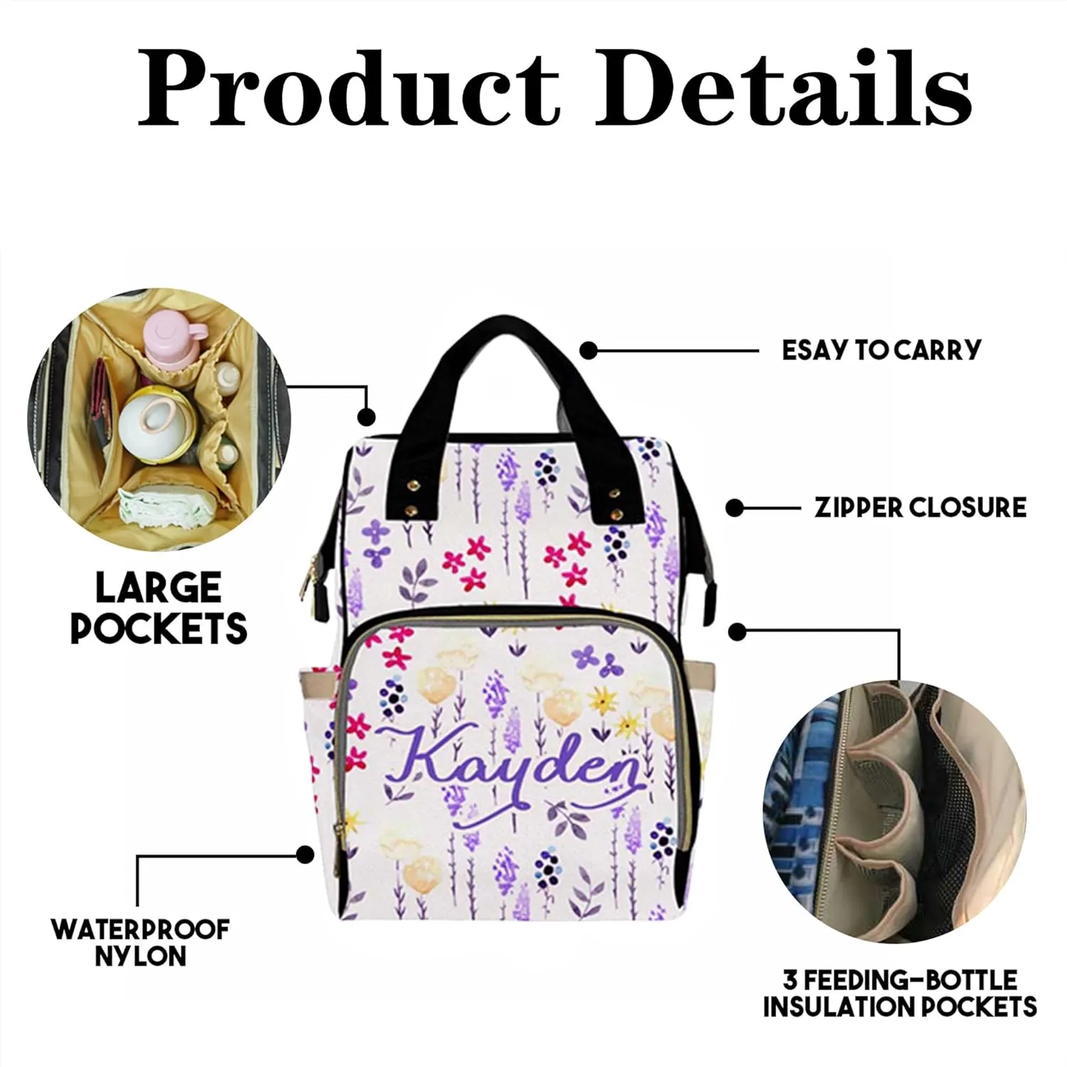 Personalized Diaper Bag Backpack with Name for Baby Girls, Custom Name Baby Bag Nursing Nappy Bag Travel Tote Bag Handbag Shoulder Bag Gifts for Mom Girl, Customized Kids Schoolbag, Baby Shower Gifts