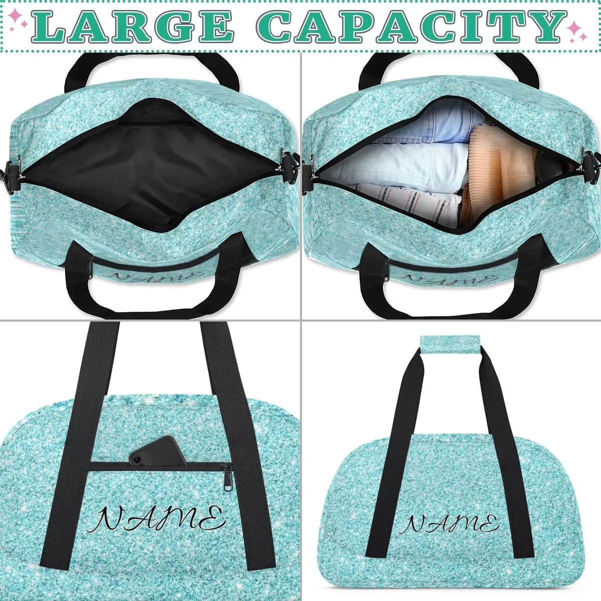 Personalized Duffle Bag, Custom Name Sport Gym Bag Weekender Overnight Bags Travel Duffel Bag, Blue Shiny