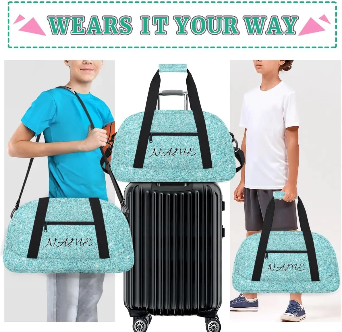 Personalized Duffle Bag, Custom Name Sport Gym Bag Weekender Overnight Bags Travel Duffel Bag, Blue Shiny