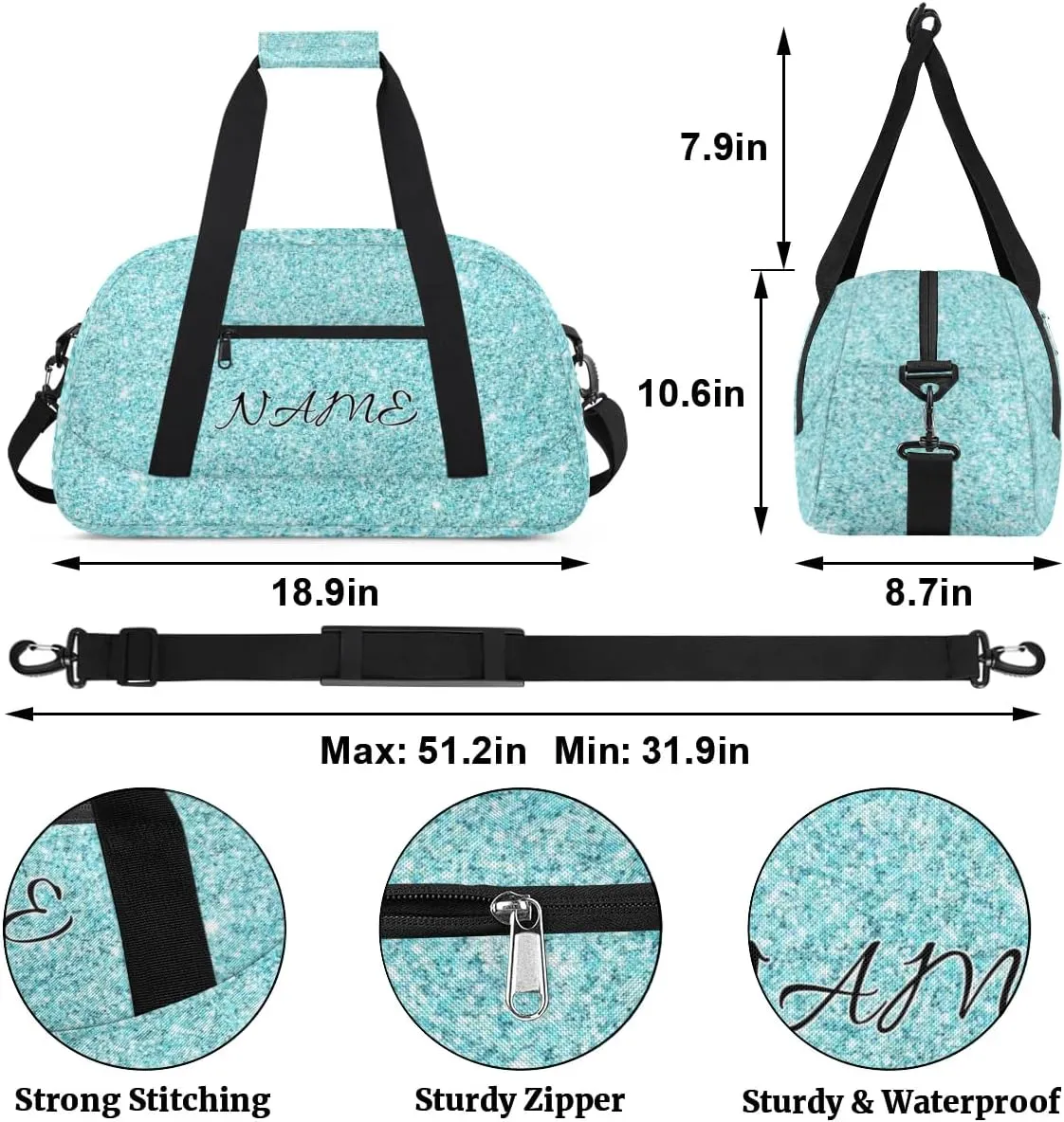 Personalized Duffle Bag, Custom Name Sport Gym Bag Weekender Overnight Bags Travel Duffel Bag, Blue Shiny
