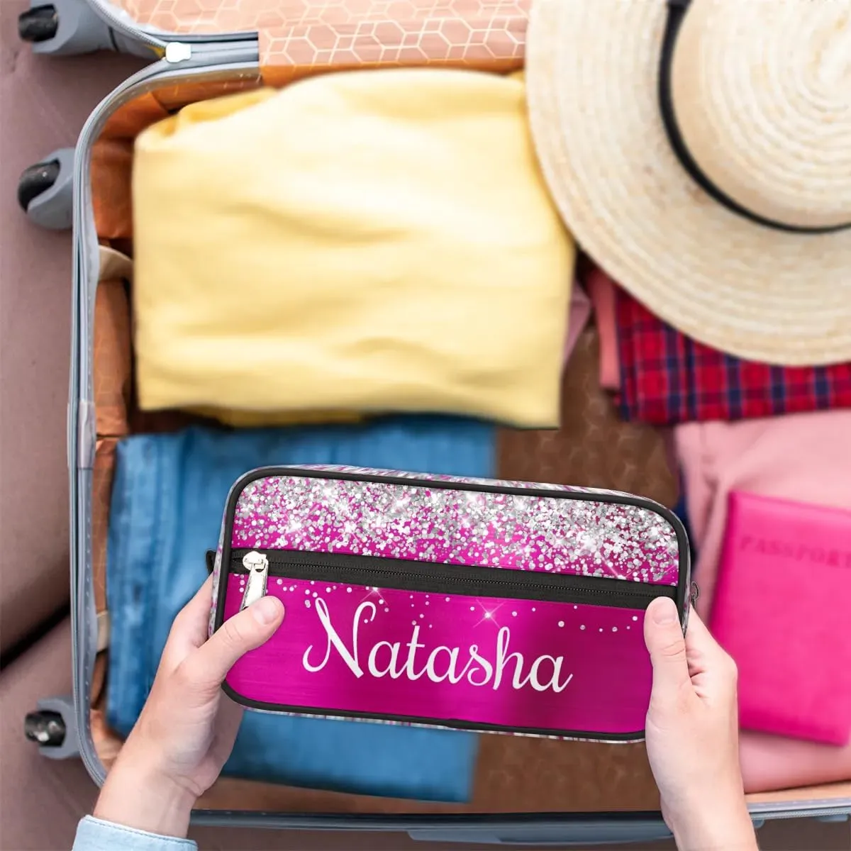 Personalized Gift Travel Makeup Bag for Women Girls, Cosmetic Bag Make Up Bag Organizer Toiletry Bag Christmas Birthday Mother's Day Gift Silver Glitter Hot Pink