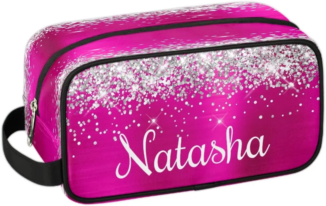 Personalized Gift Travel Makeup Bag for Women Girls, Cosmetic Bag Make Up Bag Organizer Toiletry Bag Christmas Birthday Mother's Day Gift Silver Glitter Hot Pink