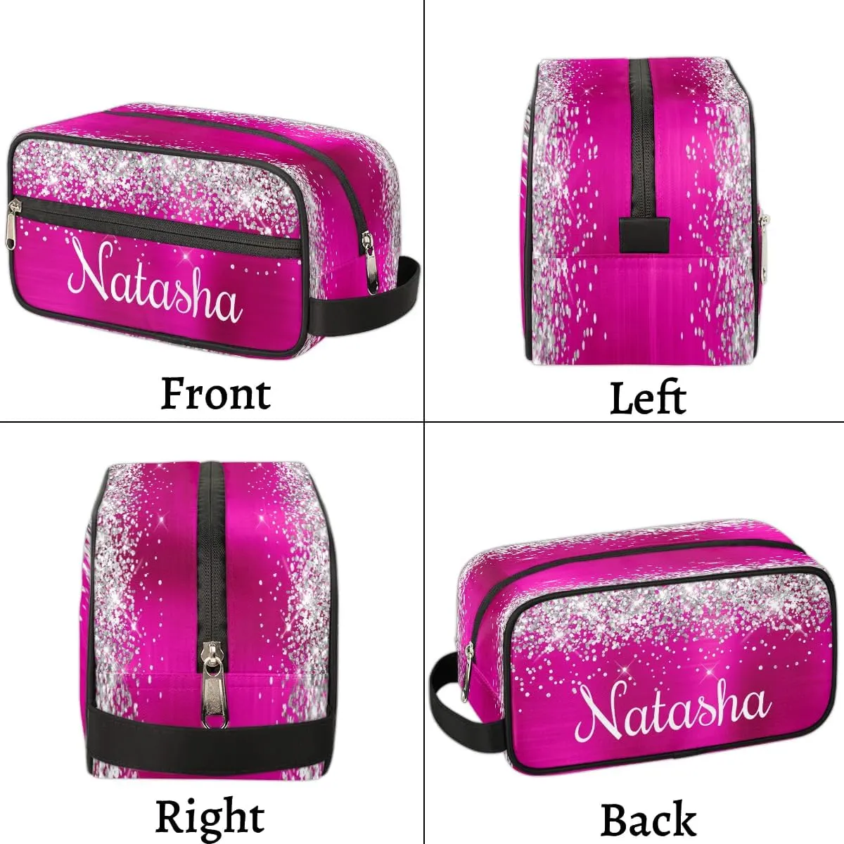 Personalized Gift Travel Makeup Bag for Women Girls, Cosmetic Bag Make Up Bag Organizer Toiletry Bag Christmas Birthday Mother's Day Gift Silver Glitter Hot Pink
