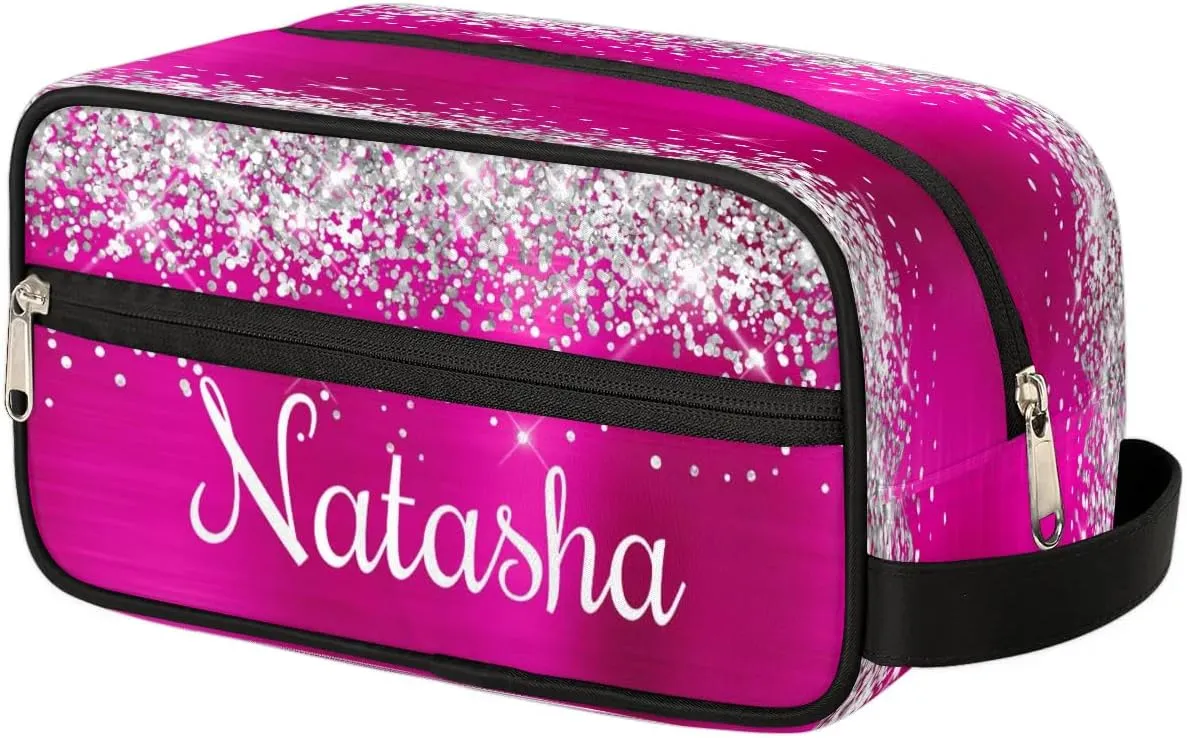 Personalized Gift Travel Makeup Bag for Women Girls, Cosmetic Bag Make Up Bag Organizer Toiletry Bag Christmas Birthday Mother's Day Gift Silver Glitter Hot Pink