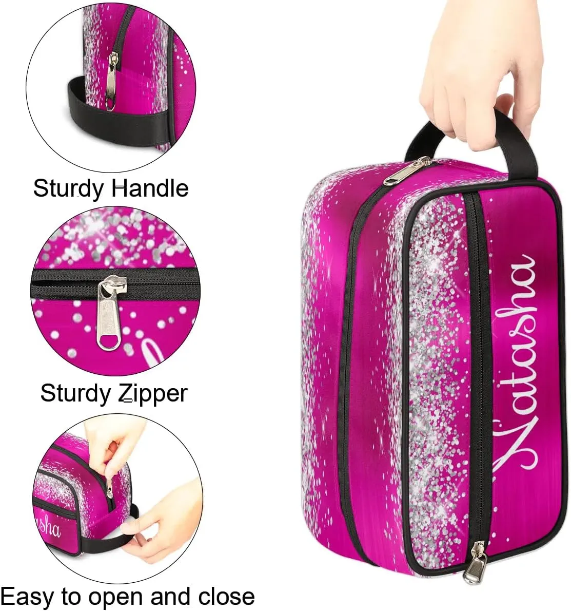 Personalized Gift Travel Makeup Bag for Women Girls, Cosmetic Bag Make Up Bag Organizer Toiletry Bag Christmas Birthday Mother's Day Gift Silver Glitter Hot Pink