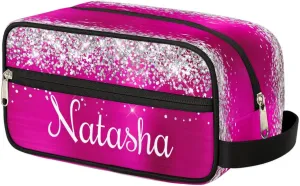 Personalized Gift Travel Makeup Bag for Women Girls, Cosmetic Bag Make Up Bag Organizer Toiletry Bag Christmas Birthday Mother's Day Gift Silver Glitter Hot Pink