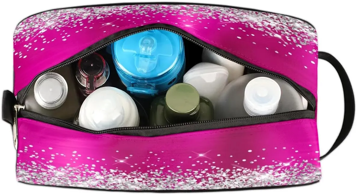 Personalized Gift Travel Makeup Bag for Women Girls, Cosmetic Bag Make Up Bag Organizer Toiletry Bag Christmas Birthday Mother's Day Gift Silver Glitter Hot Pink