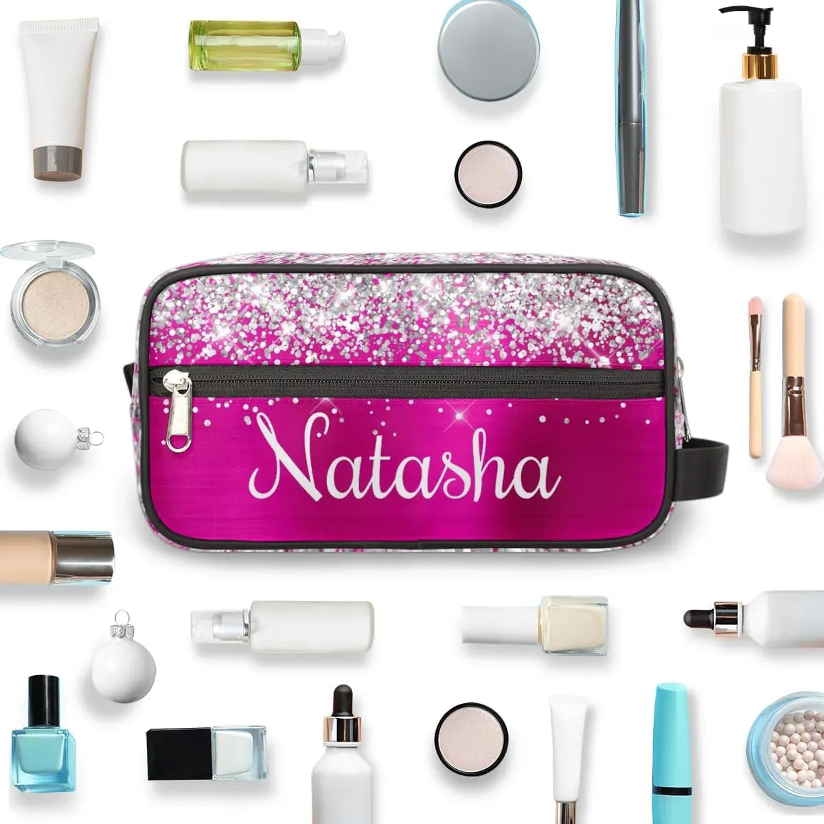Personalized Gift Travel Makeup Bag for Women Girls, Cosmetic Bag Make Up Bag Organizer Toiletry Bag Christmas Birthday Mother's Day Gift Silver Glitter Hot Pink