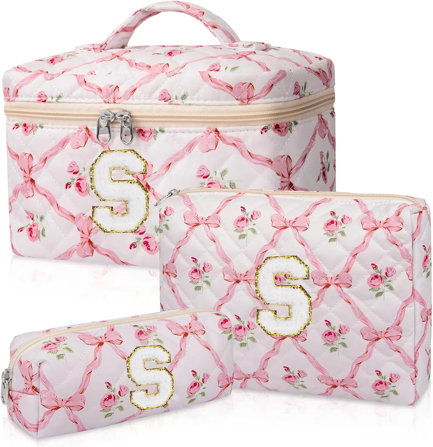 Personalized Initial Makeup Bag Set, Quilted Makeup Bag, Large Floral Cosmetic Bag for Women, Cute Cotton Custom Make up Bags, Flower Travel Toiletry Bag Teen Girl Gift Trendy Stuff Gift S