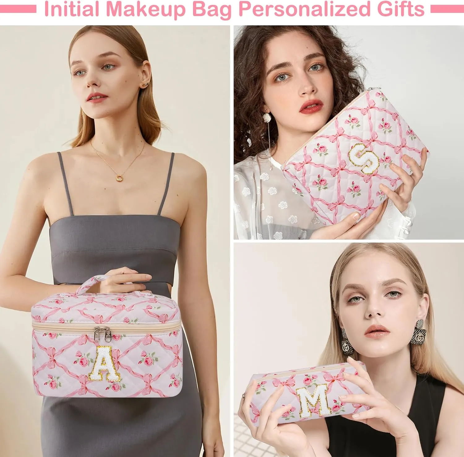 Personalized Initial Makeup Bag Set, Quilted Makeup Bag, Large Floral Cosmetic Bag for Women, Cute Cotton Custom Make up Bags, Flower Travel Toiletry Bag Teen Girl Gift Trendy Stuff Gift S