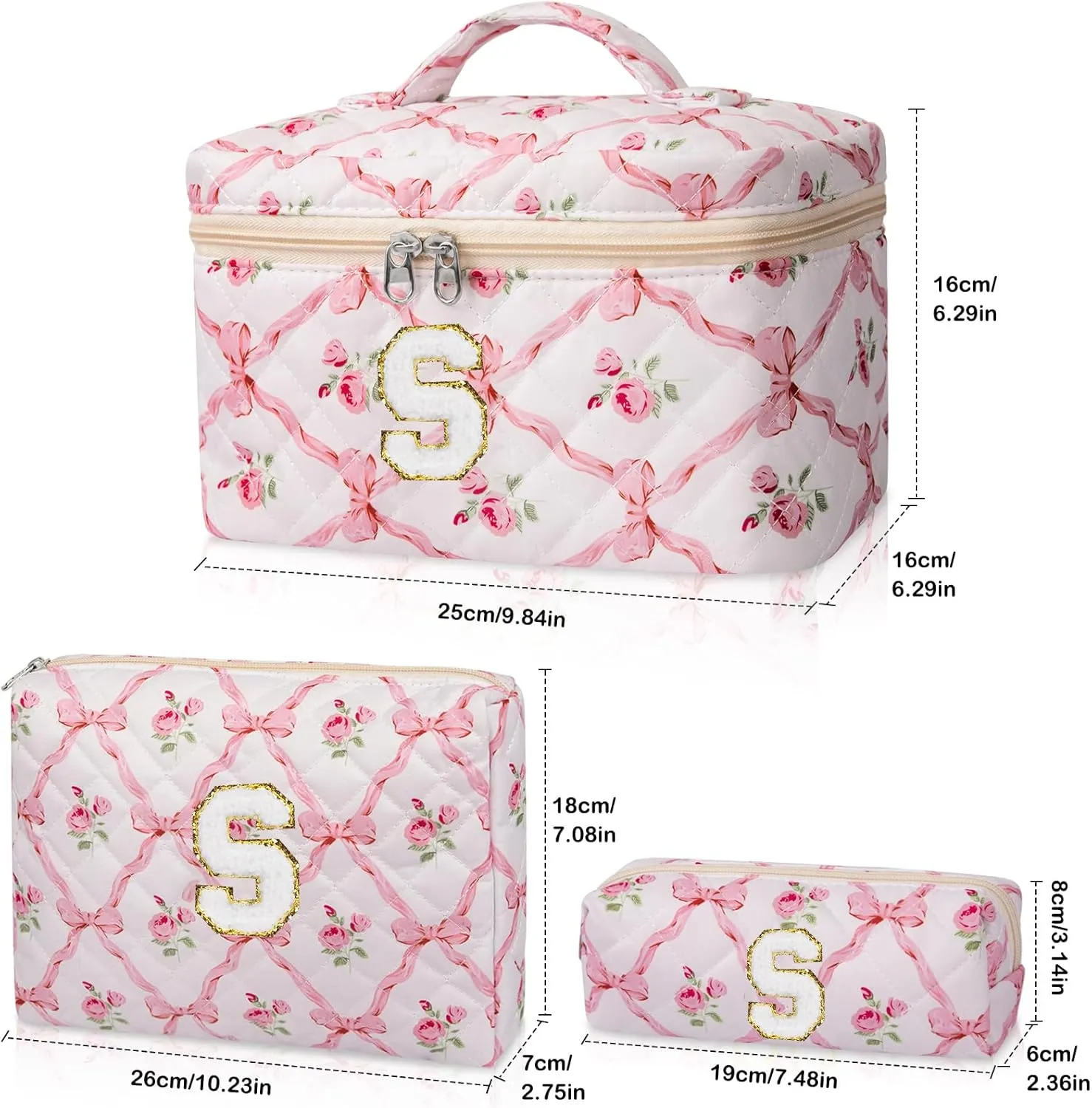 Personalized Initial Makeup Bag Set, Quilted Makeup Bag, Large Floral Cosmetic Bag for Women, Cute Cotton Custom Make up Bags, Flower Travel Toiletry Bag Teen Girl Gift Trendy Stuff Gift S