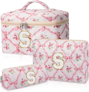 Personalized Initial Makeup Bag Set, Quilted Makeup Bag, Large Floral Cosmetic Bag for Women, Cute Cotton Custom Make up Bags, Flower Travel Toiletry Bag Teen Girl Gift Trendy Stuff Gift S