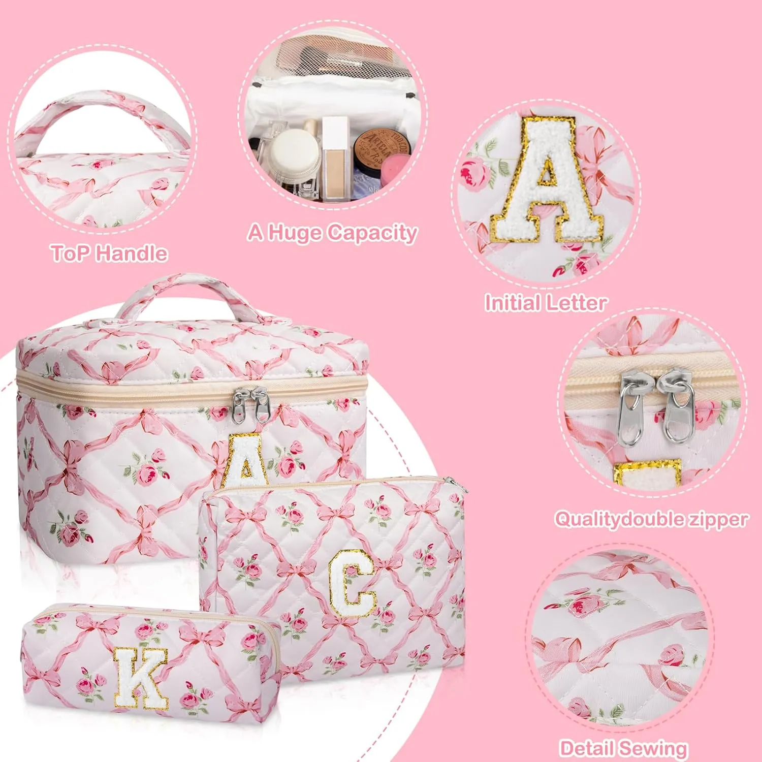 Personalized Initial Makeup Bag Set, Quilted Makeup Bag, Large Floral Cosmetic Bag for Women, Cute Cotton Custom Make up Bags, Flower Travel Toiletry Bag Teen Girl Gift Trendy Stuff Gift S