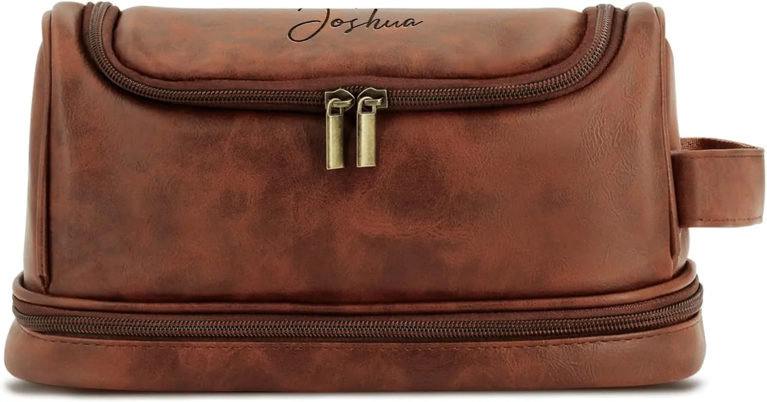 Personalized Leather Toiletry Bag For Men Custom Mens Handcrafted Travel Bag For Husband Boyfriend Dad Birthday Anniversary Wedding Groomsmen Gifts