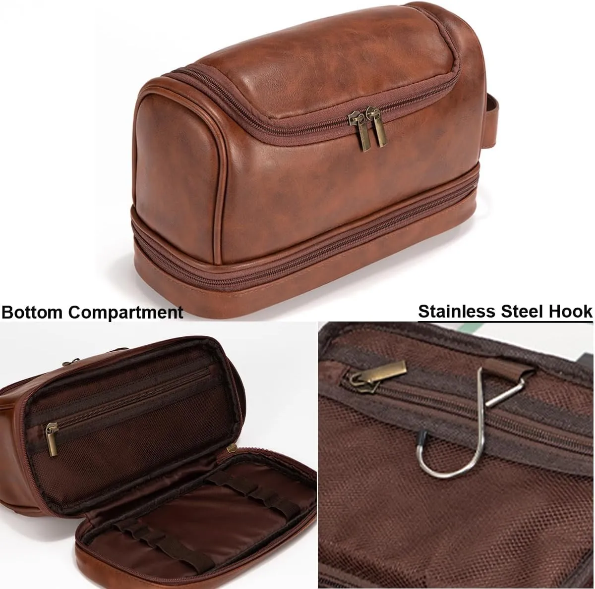 Personalized Leather Toiletry Bag With Bottom Compartment, Mens Travel Shaving Dopp Kit with hanging hook, Large Water-resistant Toiletries Bathroom Shaving Bags for Women