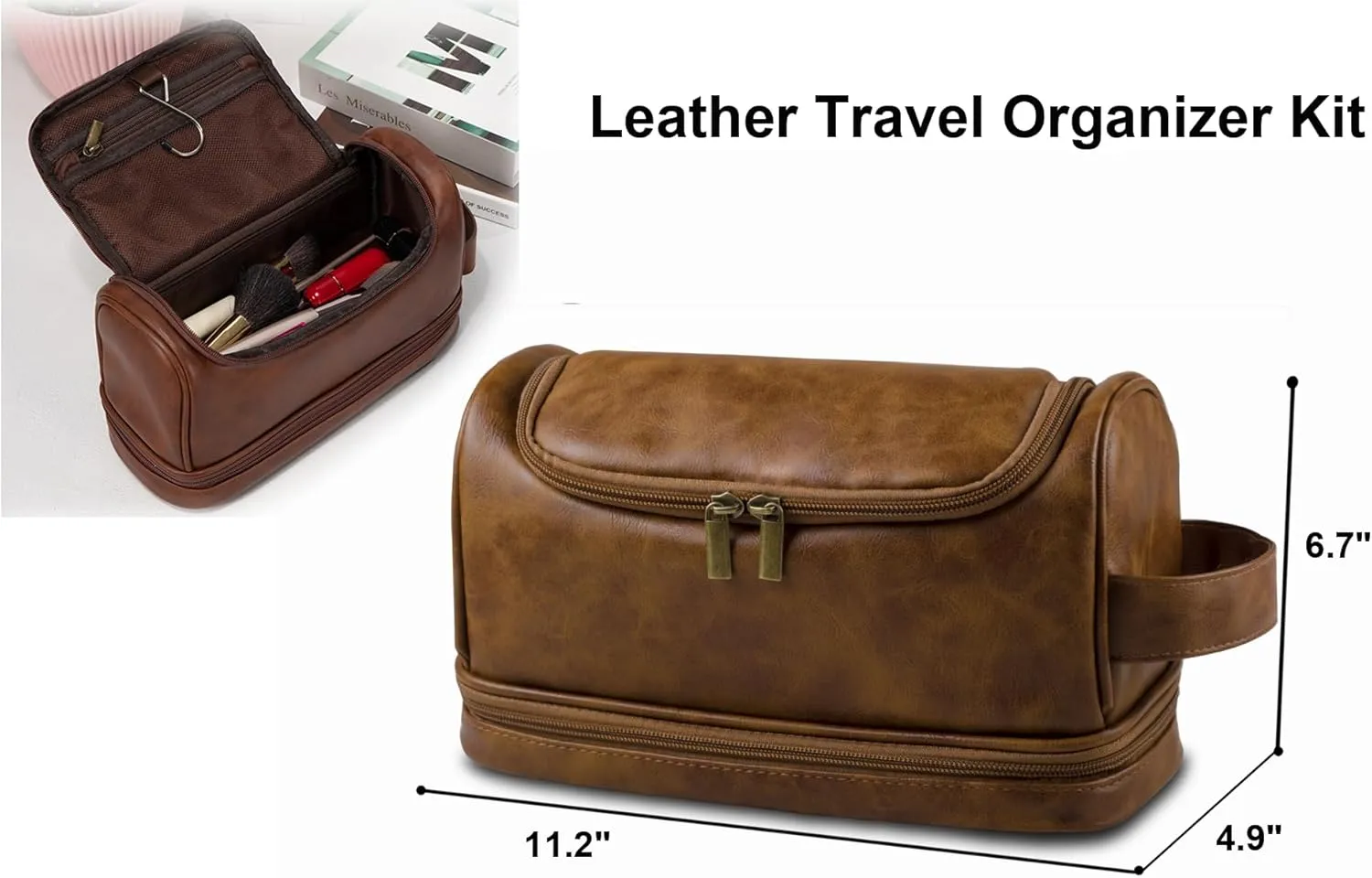 Personalized Leather Toiletry Bag With Bottom Compartment, Mens Travel Shaving Dopp Kit with hanging hook, Large Water-resistant Toiletries Bathroom Shaving Bags for Women