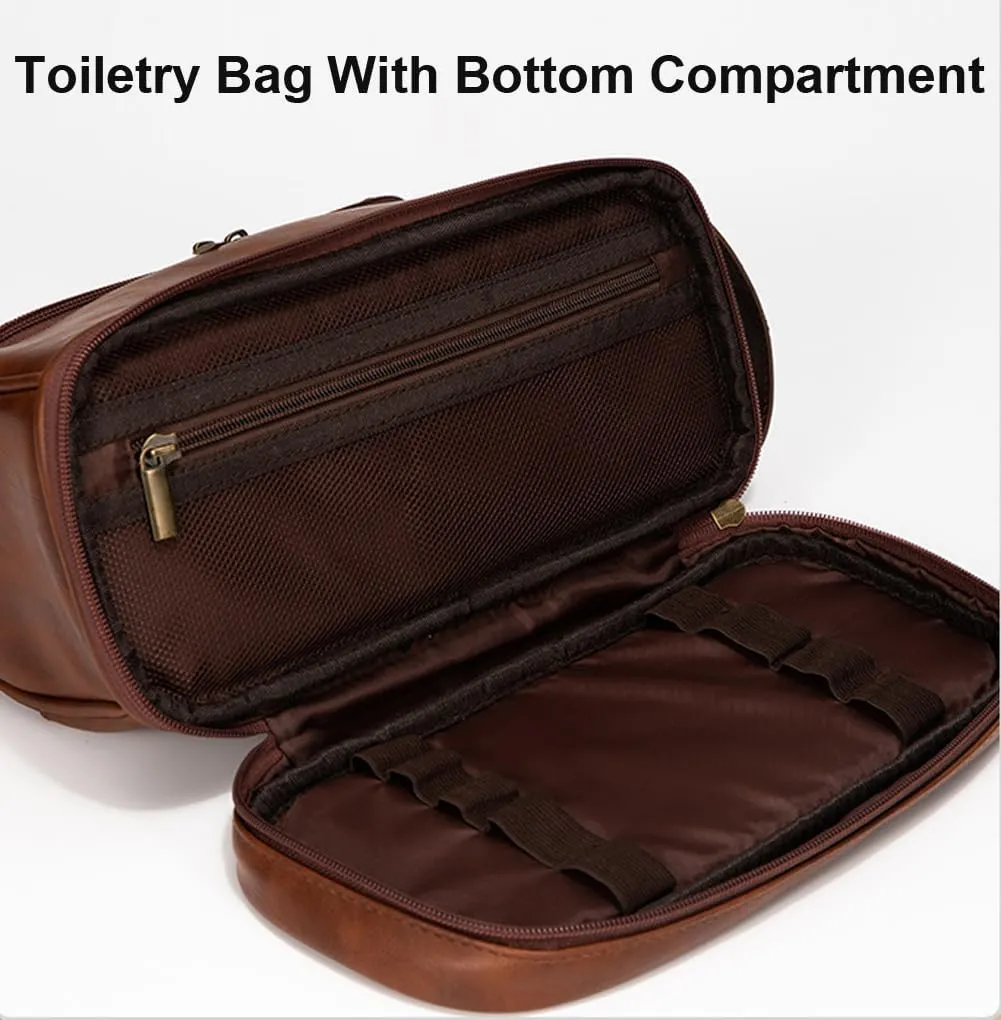 Personalized Leather Toiletry Bag With Bottom Compartment, Mens Travel Shaving Dopp Kit with hanging hook, Large Water-resistant Toiletries Bathroom Shaving Bags for Women