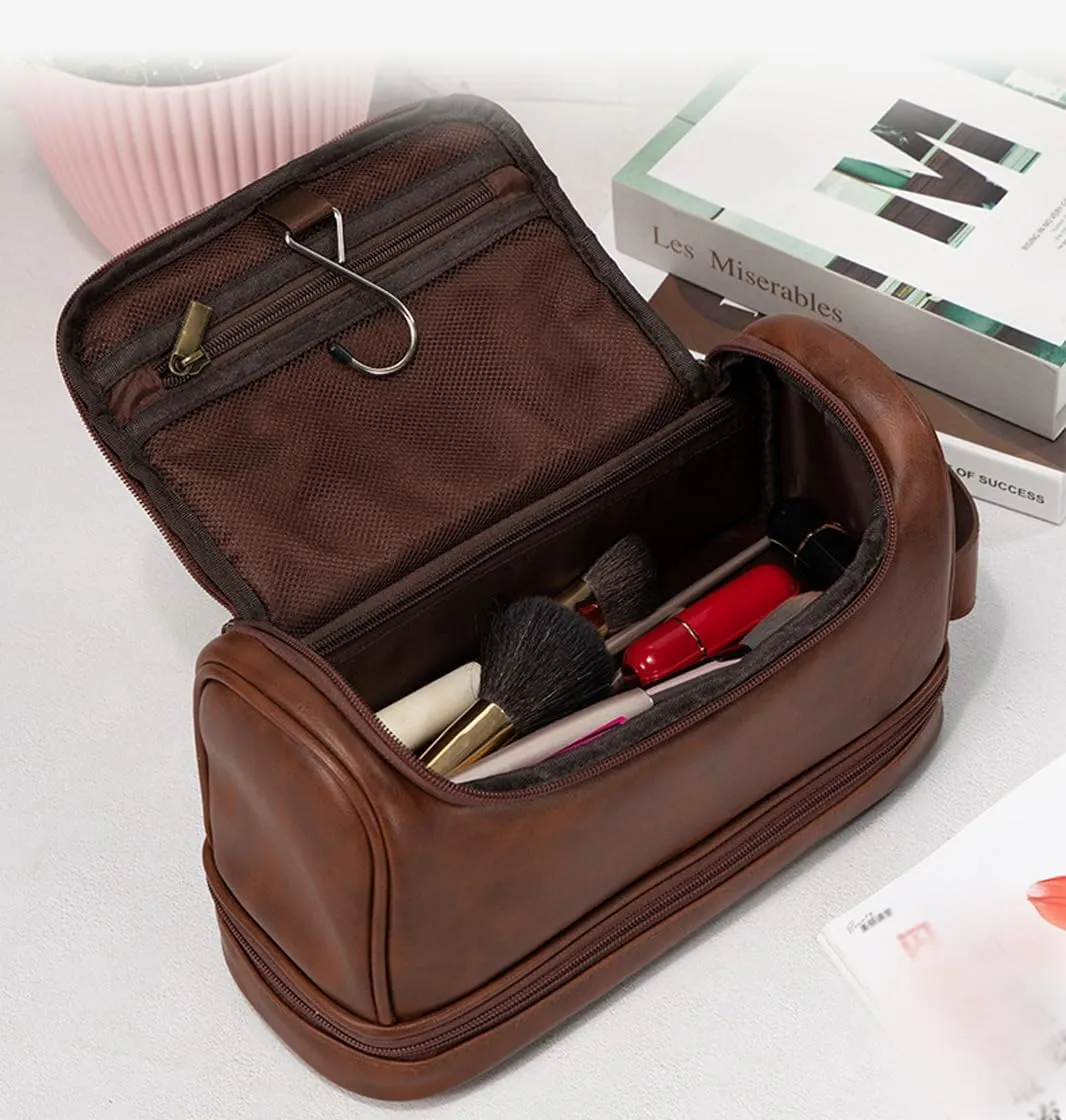 Personalized Leather Toiletry Bag With Bottom Compartment, Mens Travel Shaving Dopp Kit with hanging hook, Large Water-resistant Toiletries Bathroom Shaving Bags for Women