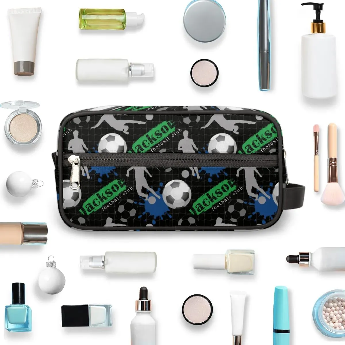 Personalized Toiletry Bag for Man Boy, Custom Cosmetic Bag Travel Makeup Bag Shaving Bag Make Up Bag Organizer Christmas Birthday Gift Soccer Boy Pattern