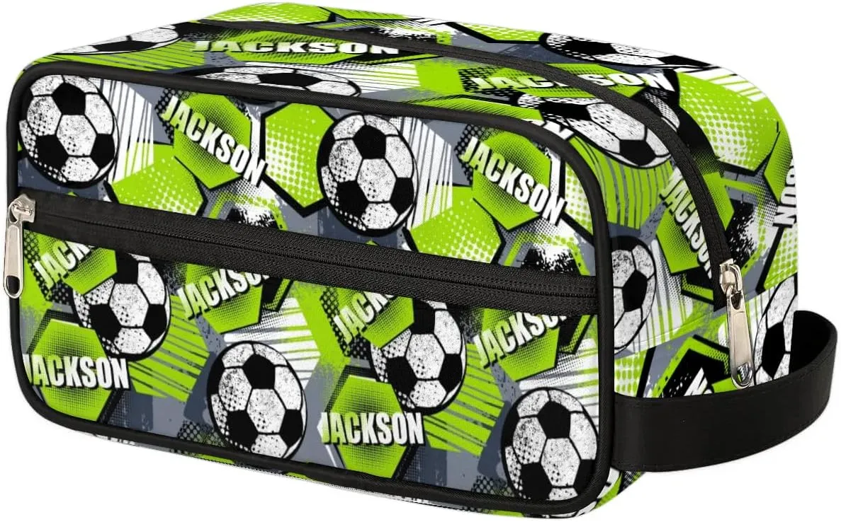 Personalized Toiletry Bag for Man Boy, Custom Cosmetic Bag Travel Makeup Bag Shaving Bag Make Up Bag Organizer Christmas Birthday Gift Soccer Pattern Green