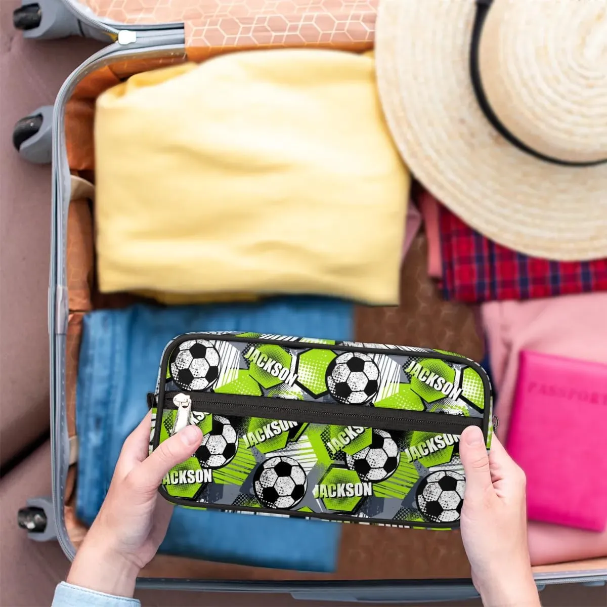 Personalized Toiletry Bag for Man Boy, Custom Cosmetic Bag Travel Makeup Bag Shaving Bag Make Up Bag Organizer Christmas Birthday Gift Soccer Pattern Green