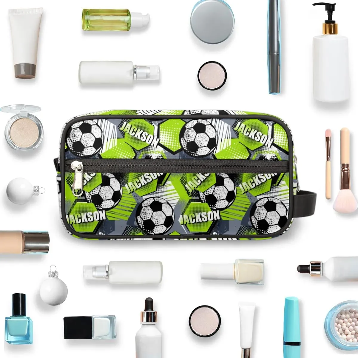 Personalized Toiletry Bag for Man Boy, Custom Cosmetic Bag Travel Makeup Bag Shaving Bag Make Up Bag Organizer Christmas Birthday Gift Soccer Pattern Green
