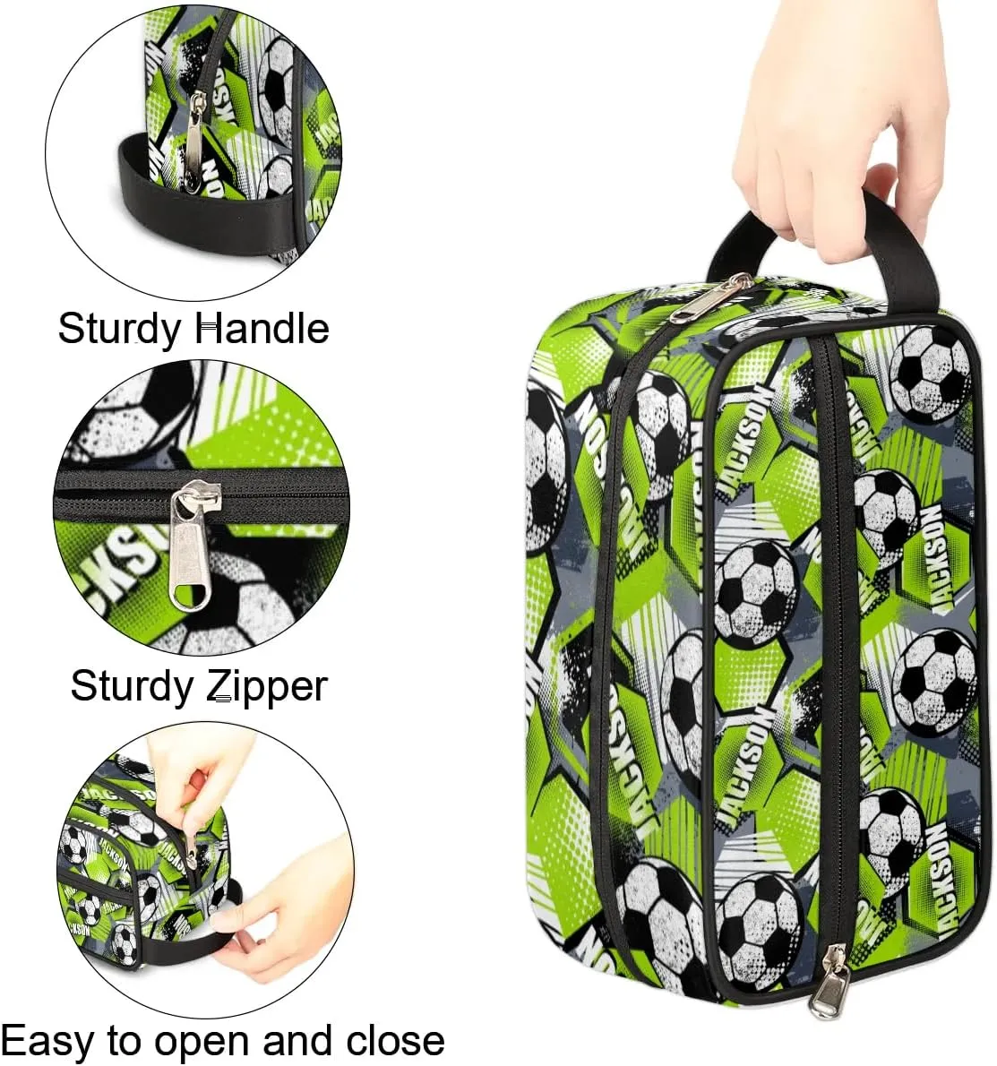 Personalized Toiletry Bag for Man Boy, Custom Cosmetic Bag Travel Makeup Bag Shaving Bag Make Up Bag Organizer Christmas Birthday Gift Soccer Pattern Green