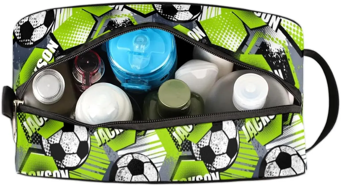 Personalized Toiletry Bag for Man Boy, Custom Cosmetic Bag Travel Makeup Bag Shaving Bag Make Up Bag Organizer Christmas Birthday Gift Soccer Pattern Green