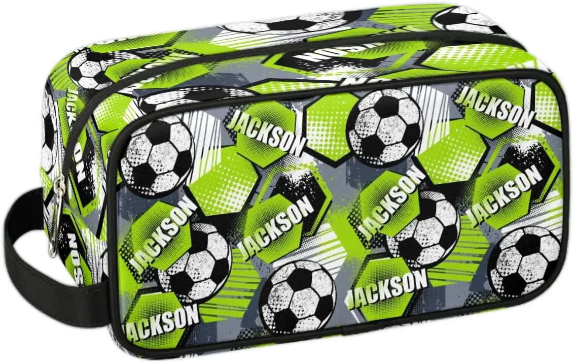 Personalized Toiletry Bag for Man Boy, Custom Cosmetic Bag Travel Makeup Bag Shaving Bag Make Up Bag Organizer Christmas Birthday Gift Soccer Pattern Green