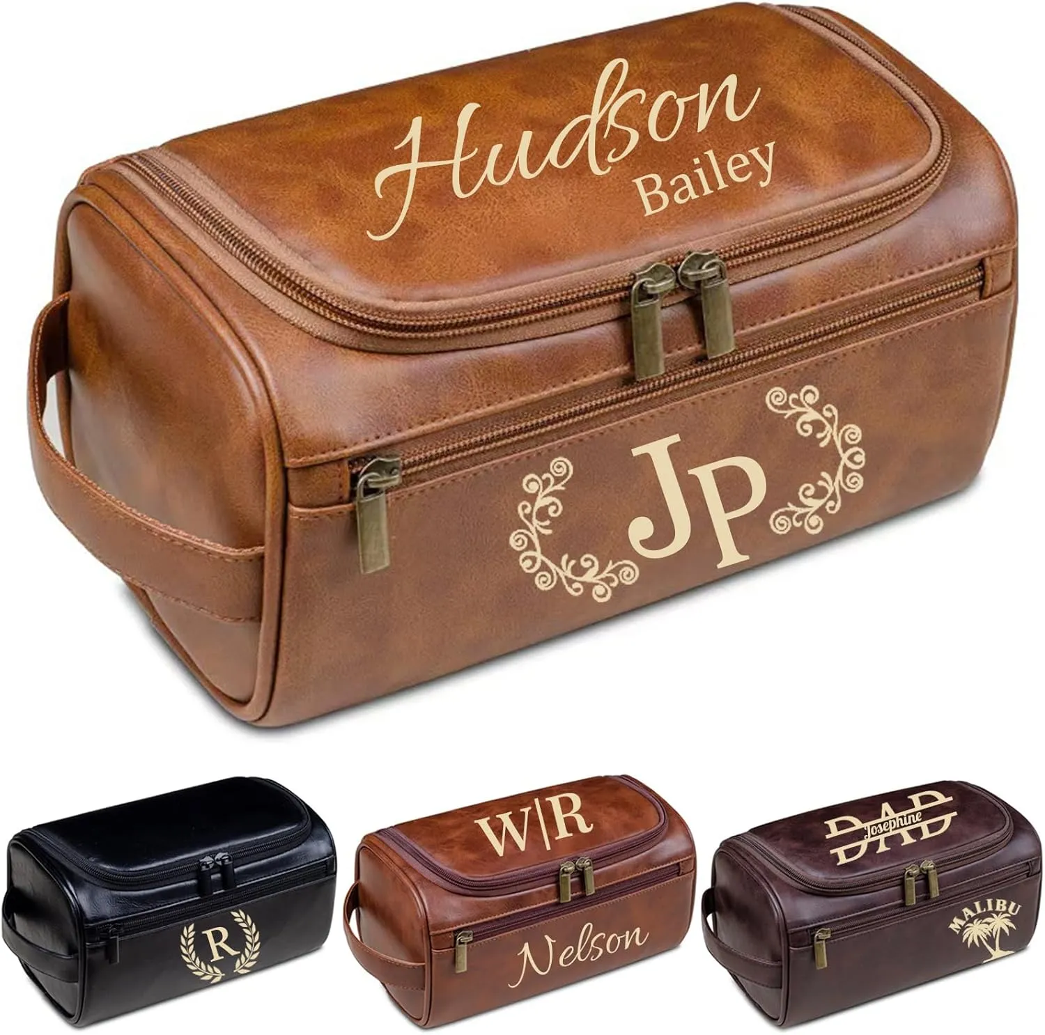 Personalized Travel Toiletry Bag for Men Custom Leather Toiletry Bag with Engraved Name Initials Hanging Toiletry Bag Personalized Gifts for Men Dad Fathers Day Groomsmen Husband (Light Brown)