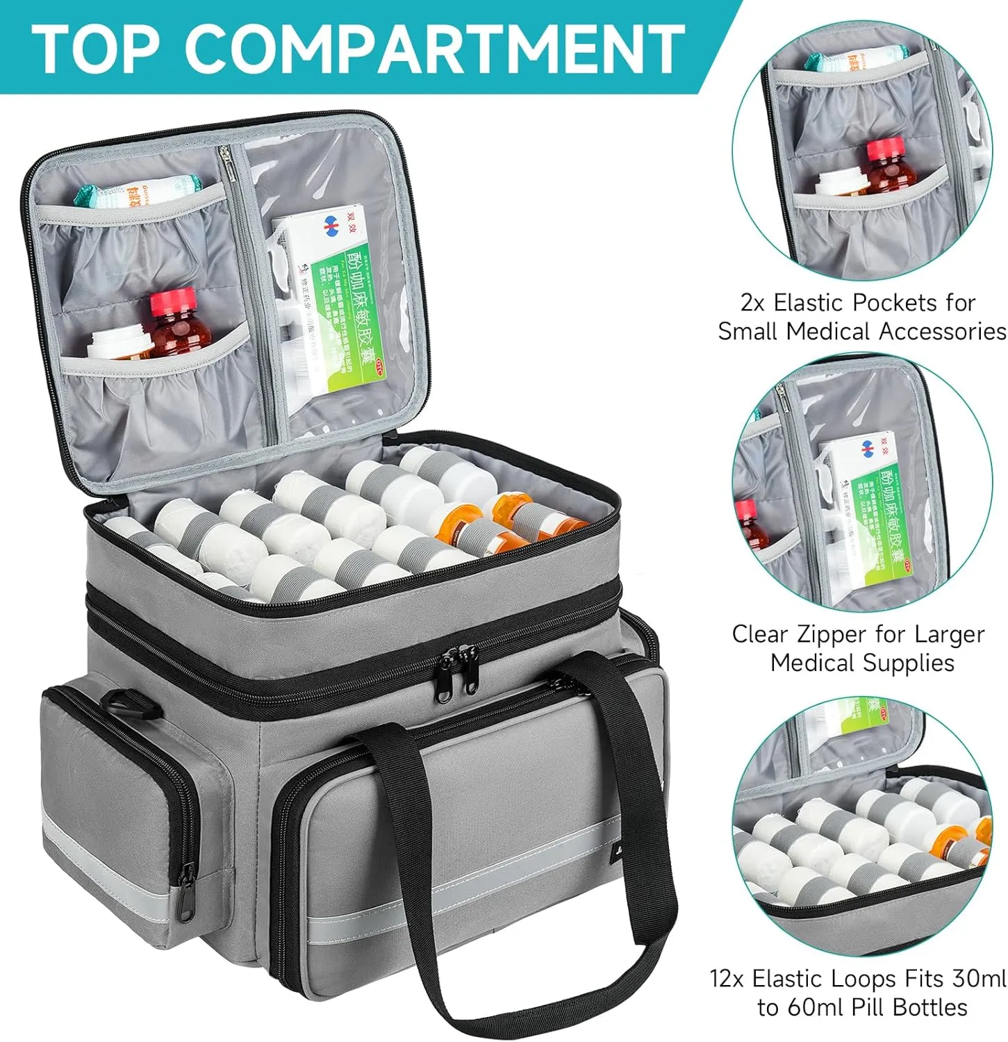 Pill Bottle Organizer, Double Layers Medicine Storage Bag with Lockable Zippers and Shoulder Strap,Medication Travel Bag for Prescription Bottles, Vitamins & Medical Supplies, Gray (Bag Only)