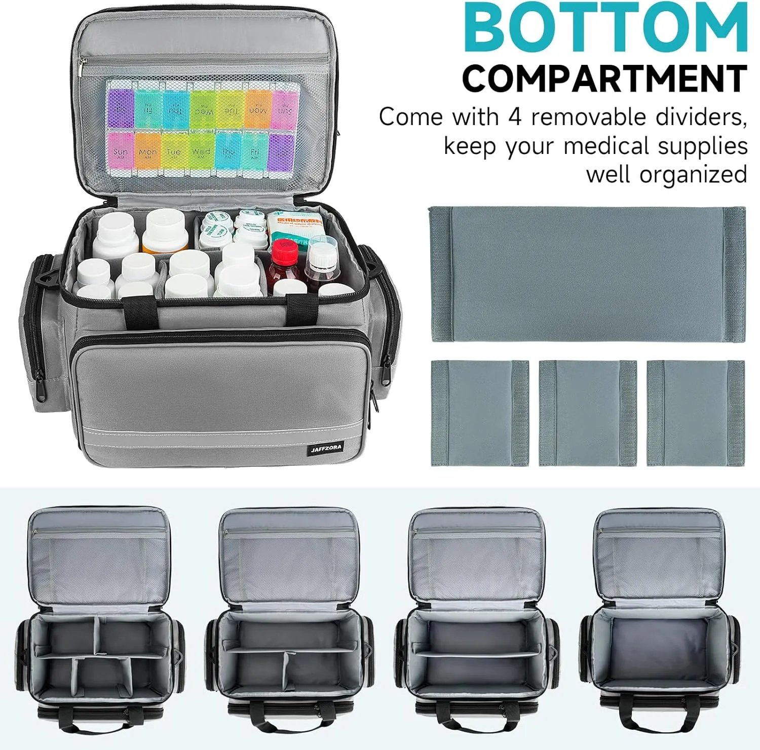 Pill Bottle Organizer, Double Layers Medicine Storage Bag with Lockable Zippers and Shoulder Strap,Medication Travel Bag for Prescription Bottles, Vitamins & Medical Supplies, Gray (Bag Only)