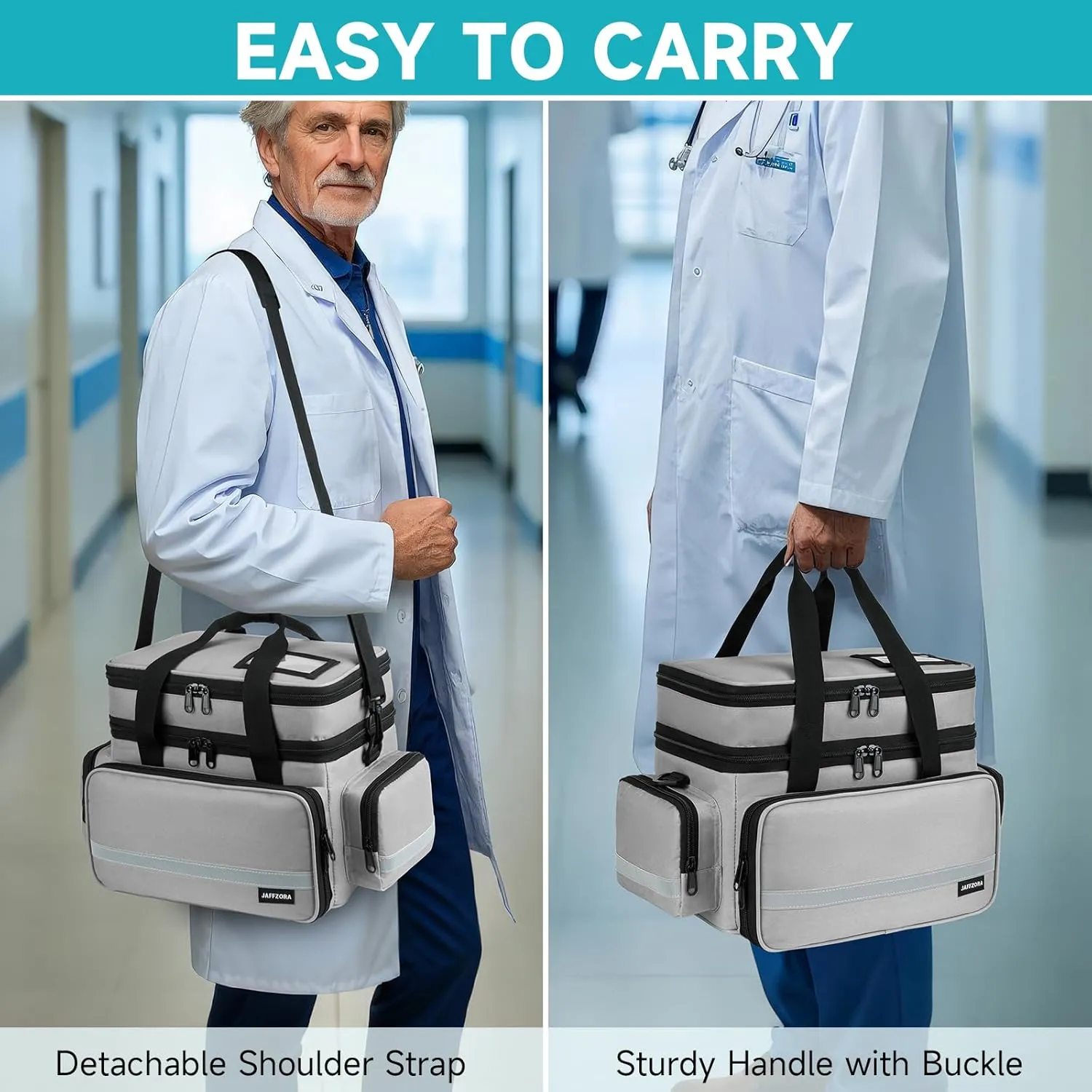 Pill Bottle Organizer, Double Layers Medicine Storage Bag with Lockable Zippers and Shoulder Strap,Medication Travel Bag for Prescription Bottles, Vitamins & Medical Supplies, Gray (Bag Only)