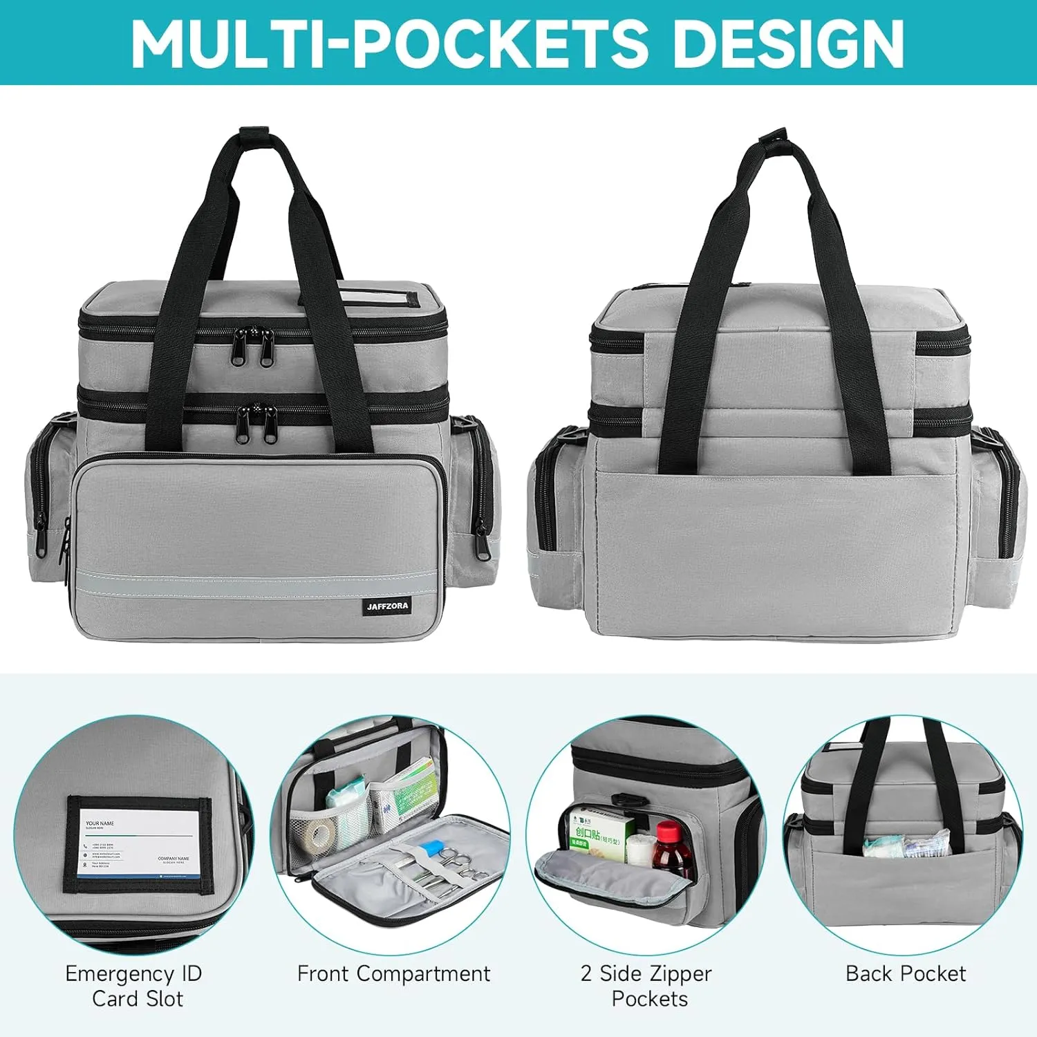 Pill Bottle Organizer, Double Layers Medicine Storage Bag with Lockable Zippers and Shoulder Strap,Medication Travel Bag for Prescription Bottles, Vitamins & Medical Supplies, Gray (Bag Only)