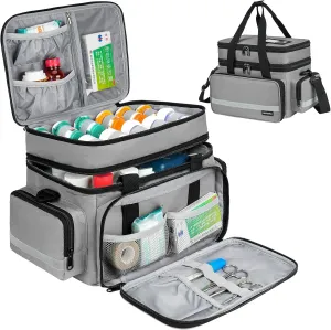 Pill Bottle Organizer, Double Layers Medicine Storage Bag with Lockable Zippers and Shoulder Strap,Medication Travel Bag for Prescription Bottles, Vitamins & Medical Supplies, Gray (Bag Only)